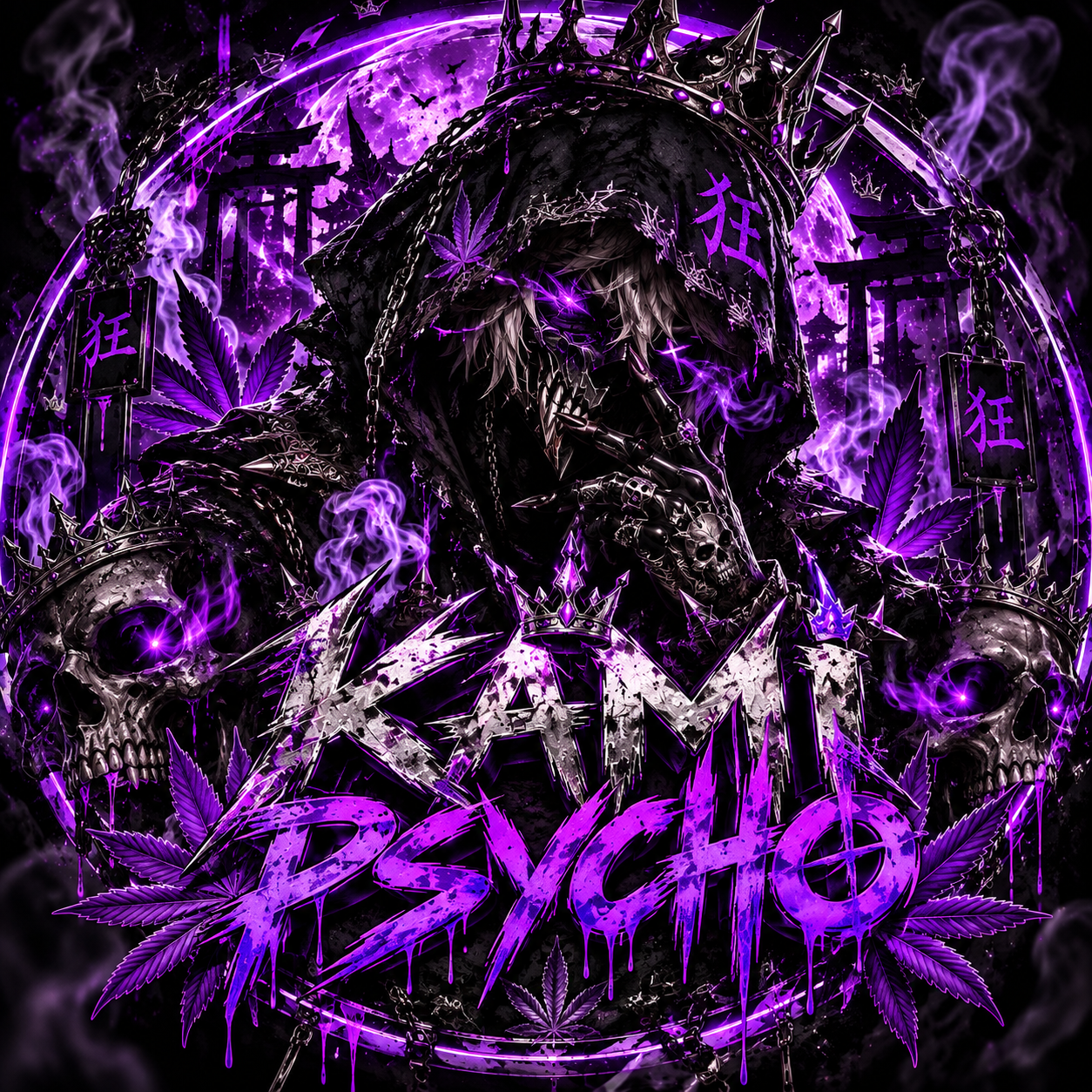 KAMI Psycho: a crowned, hooded skull-masked figure surrounded by skulls, torii gates, and violet smoke.