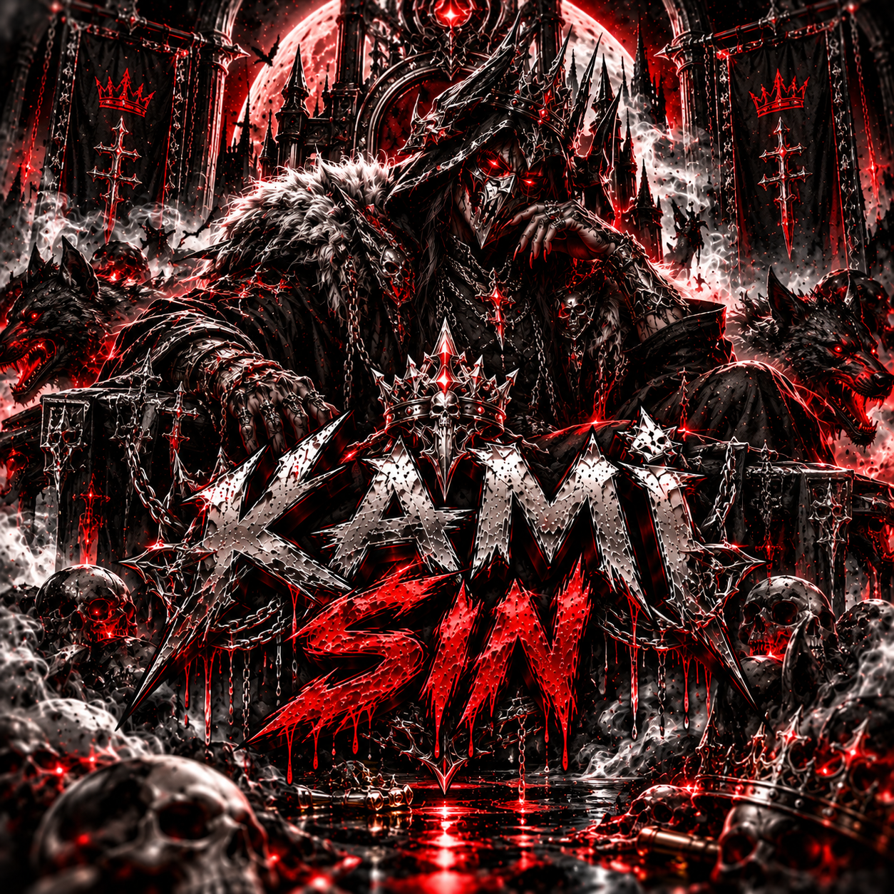 KAMI Sin, owner of Shinigami Ops: a crowned, masked ruler on a gothic throne amid wolves, skulls, and red moonlight.